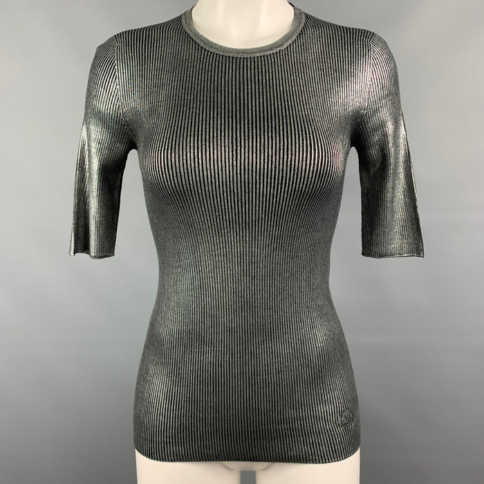 LOUIS VUITTON Size S Silver & Black Ribbed Silk Short Sleeve Pullover