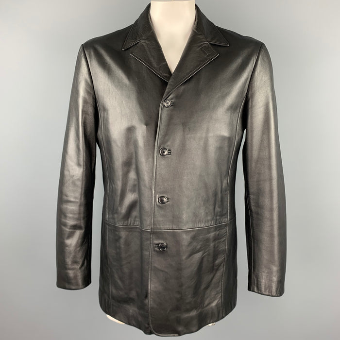 HUGO BOSS Size 40 Black Leather Notch Lapel Buttoned Jacket