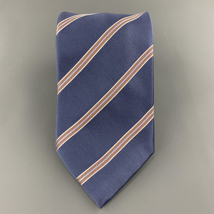 BRIONI Steel Blue & Orange Diagonal Striped Silk Tie