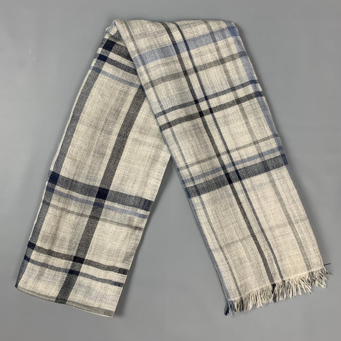 BRUNELLO CUCINELLI Light Gray & Blue Plaid Cashmere / Silk Fringe Scarf