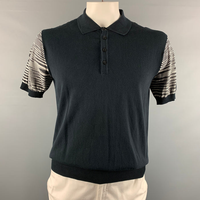 MISSONI Size L Black White Stripe Cotton Polo