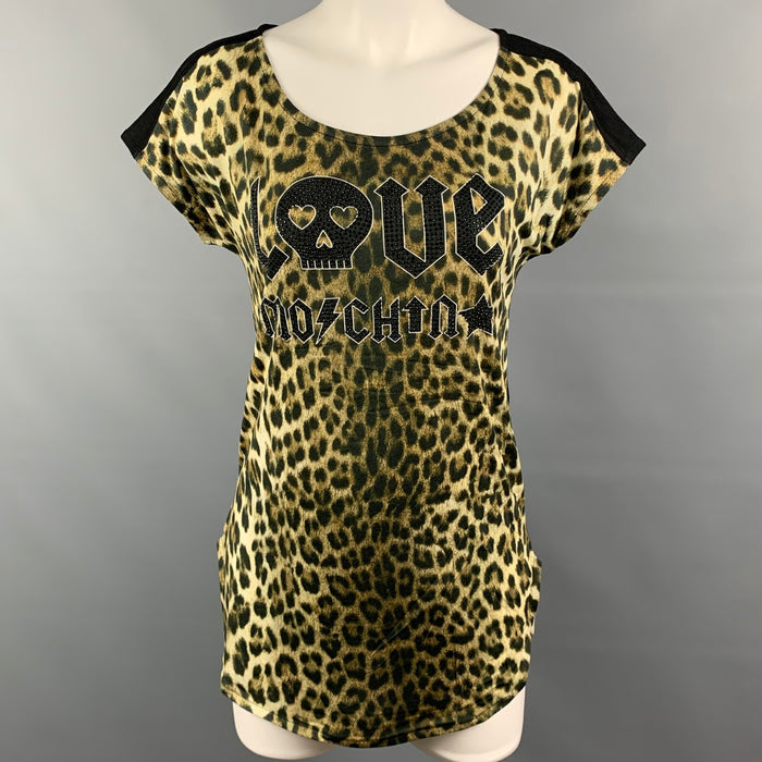 LOVE MOSCHINO Size 4 Black & Beige Animal Print Cotton / Modal Skull Rhinestone T-Shirt