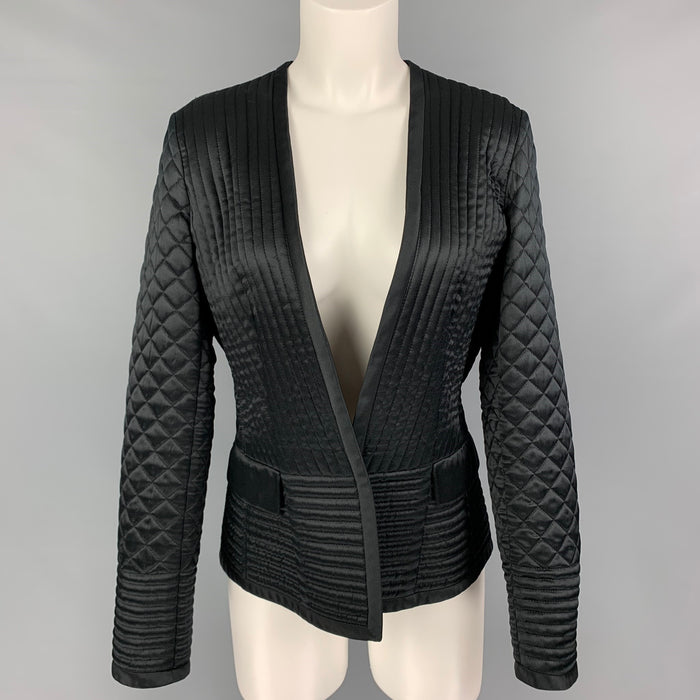 ETRO Size 8 Black Silk Quilted Collarless Jacket Blazer