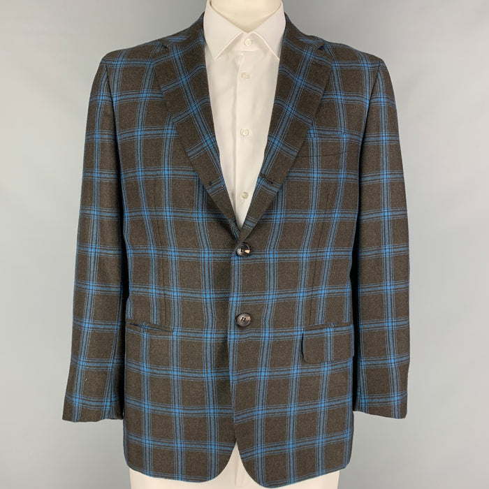 KITON Size 44 Brown Blue Plaid Cashmere Notch Lapel Sport Coat