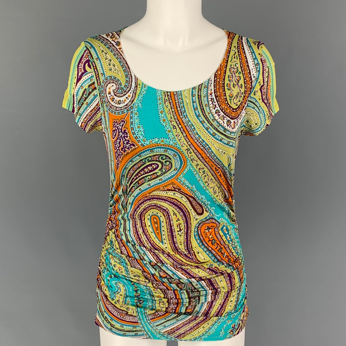 ETRO Size 6 Turquoise Orange Viscose Paisley Ruched Casual Top