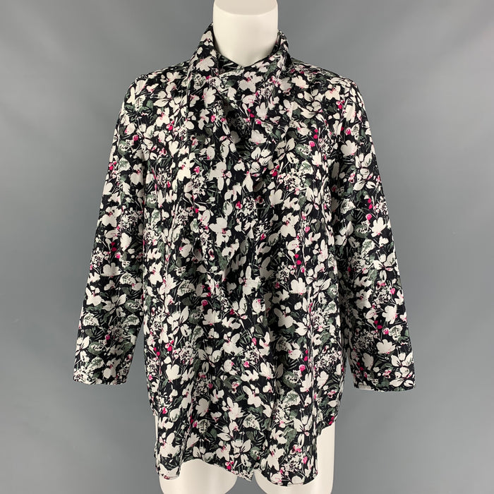ACNE STUDIOS Size 2 Black, White & Fuchsia Silk Floral Hidden Buttons Blouse