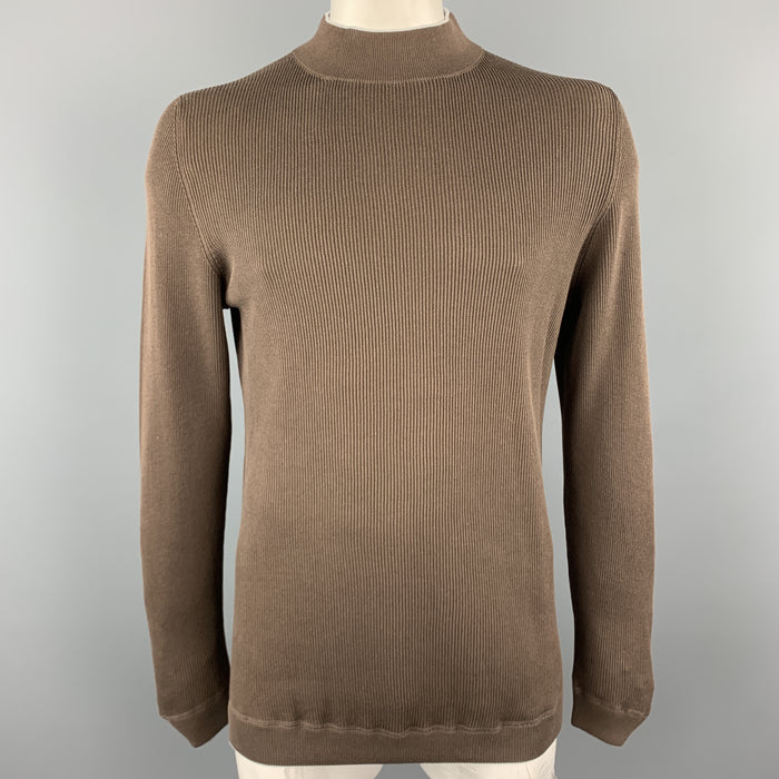 BRUNELLO CUCINELLI Size XL Brown Ribbed Knit Cotton High Mockj Neck Collar Pullover