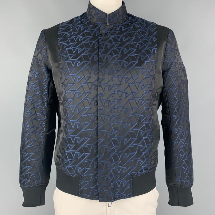 EMPORIO ARMANI Size 42 Black Blue Monogram Jacquard Satin Polyester Cotton Jacket