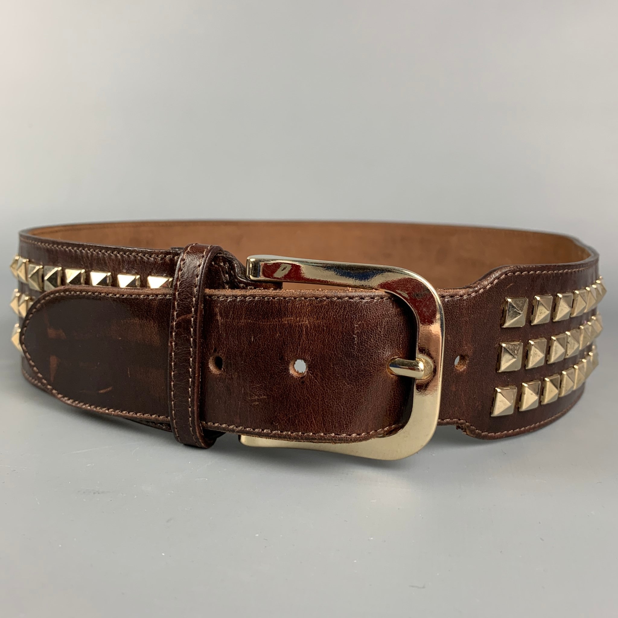 Burberry Brown Leather Pyramid Studded Belt Gold buckle & studs Made in  Italy