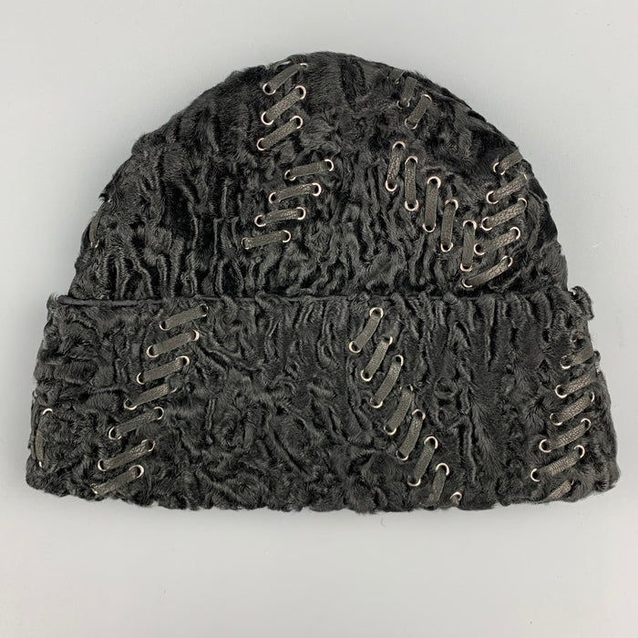 PRADA Size M Black Textured Persian Lamb Fur Stitched Beanie