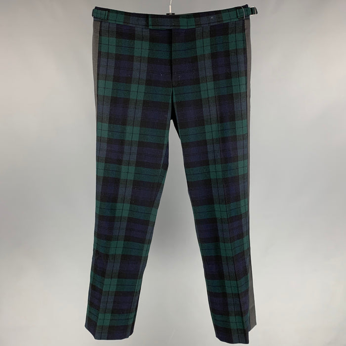 RALPH LAUREN PURPLE LABEL Size 34 Black & Green Navy Blackwatch Plaid Virgin Wool Dress Pants