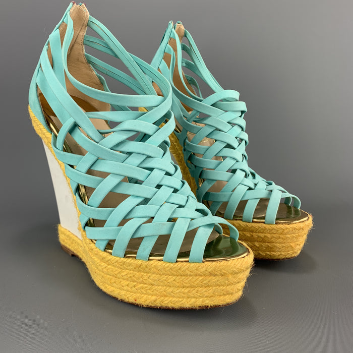 CHRISTIAN LOUBOUTIN 7 Turquoise Suede Woven Yellow Braided Platform Wedge Sandals