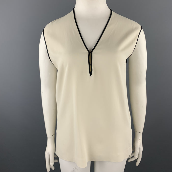 ETRO Size 12 Cream & Black Crepe Sleeveless V Neck Blouse