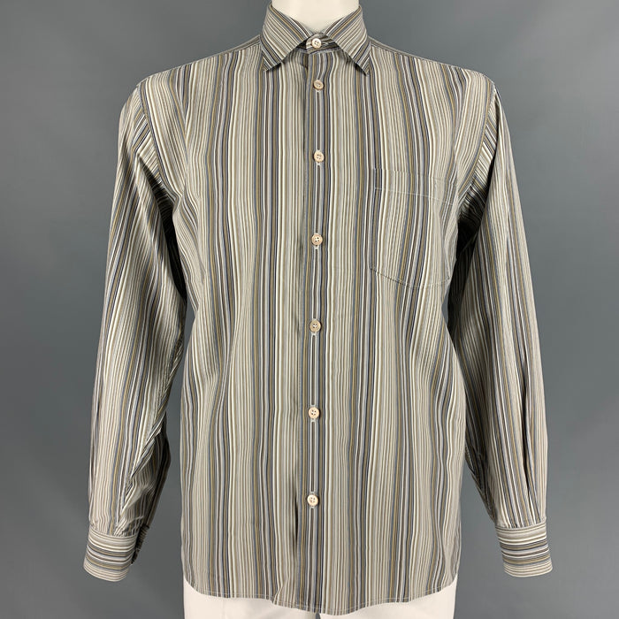 ERMENEGILDO ZEGNA Size L Taupe & Blue Stripe Cotton & Silk Long Sleeve Shirt