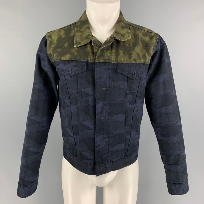 DRIES VAN NOTEN Size M Navy Green Cotton Camo Print Trucker Jacket
