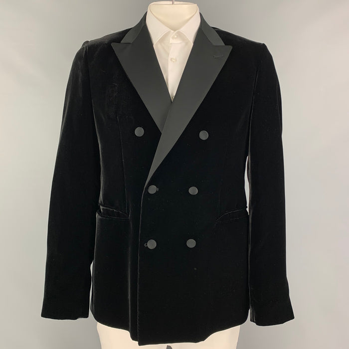EMPORIO ARMANI Size 44 Black Velvet Peak Lapel Sport Coat