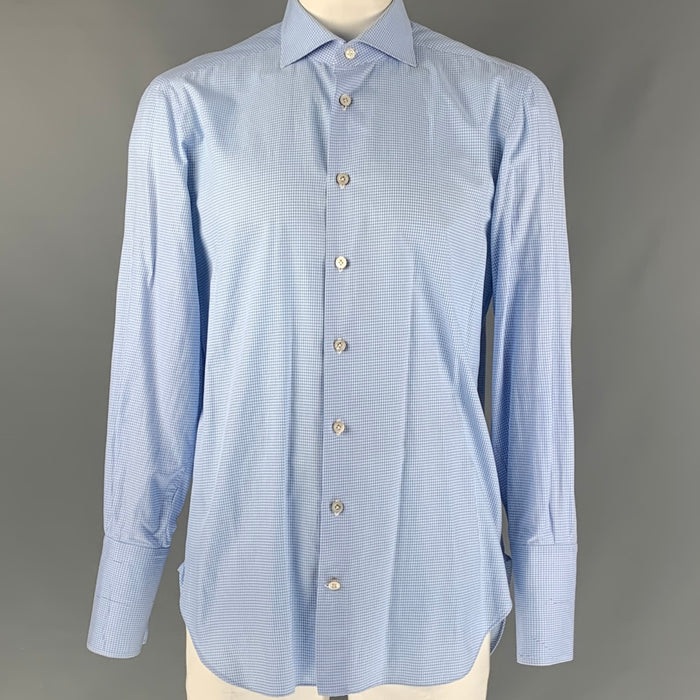 KITON Size XL White & Light Blue Gingham Cotton Button Down Long Sleeve Shirt