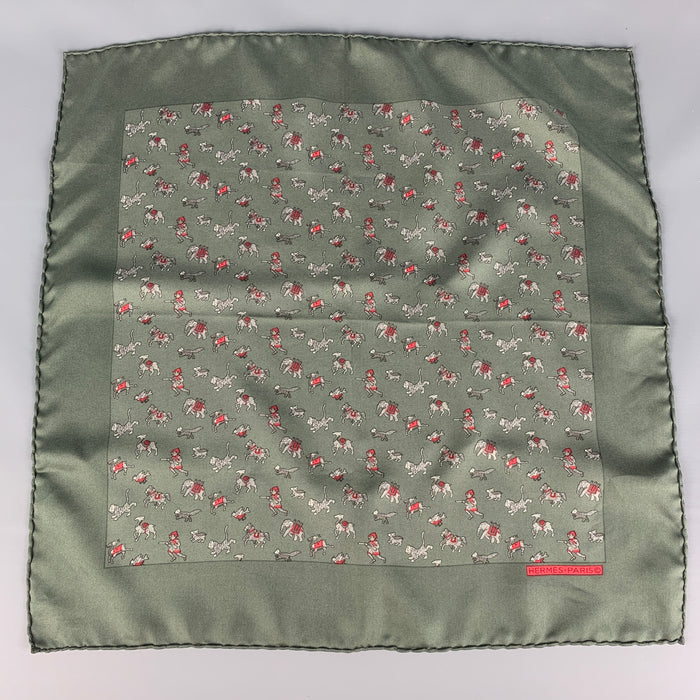 HERMES Green Red Print Silk Pocket Square