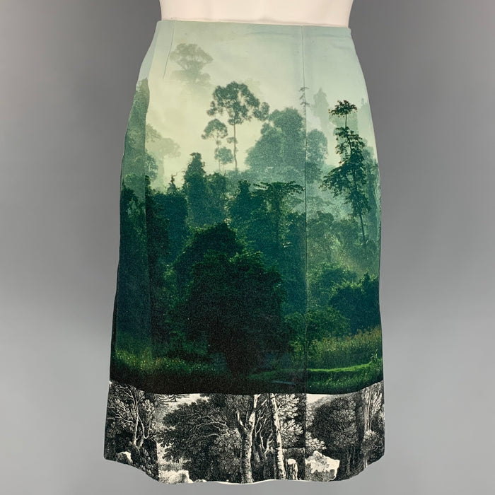 DRIES VAN NOTEN Size 6 Green & Blue Tapestry Cotton A-Line Knee-Length Skirt