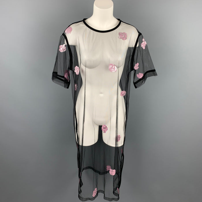 DRIES VAN NOTEN Size 8 Black & Pink Floral Mesh Polyamide T-Shirt Dress