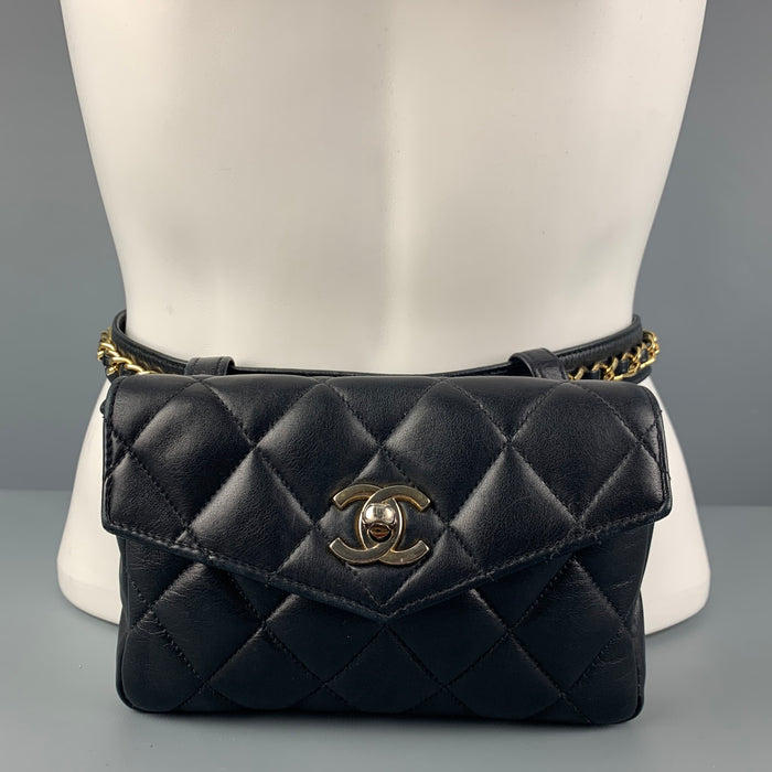 Vintage 80's CHANEL Cintura Talla XS Cinturón-Bolso de Cuero Acolchado Negro
