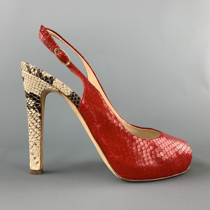 GIUSEPPE ZANOTTI Size 8 Red & Beige Snake Skin Slingback Peep Toe Pumps