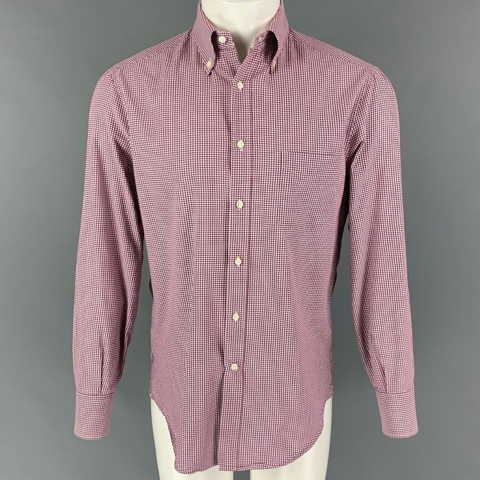 BRUNELLO CUCINELLI Talla M Camisa Manga Larga Algodón Cuadros Blanco Burdeos