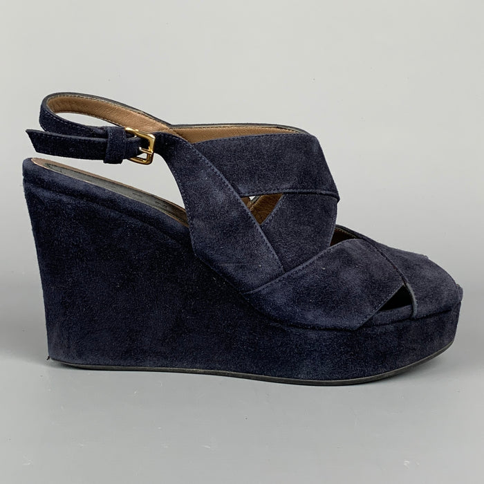 MARNI Size 6 Navy Suede Platform Wedge Sandals
