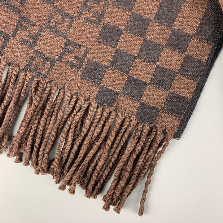 FENDI Brown Black Logo Wool Fringe Scarf