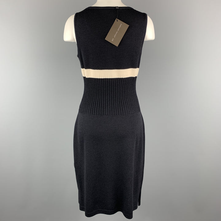 ST. JOHN Size S Black Wool/Rayon Knitted Striped Sleeveless Dress