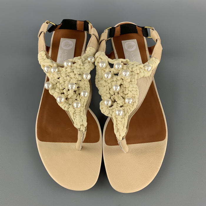 LANVIN Size 10 Beige Leather Faux Pearl Crochet Thong Sandals