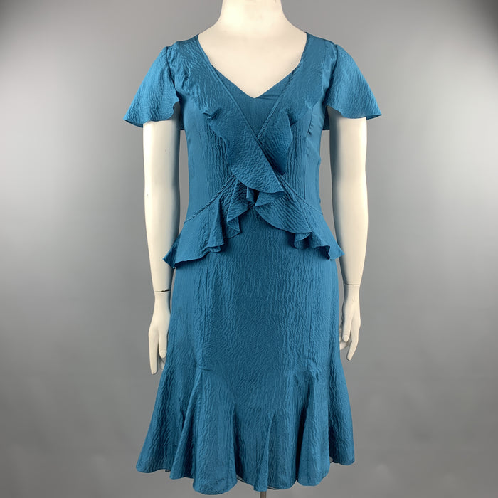 CAROLINA HERRERA Size 12 Teal Textured Ruffle V Neck Dress
