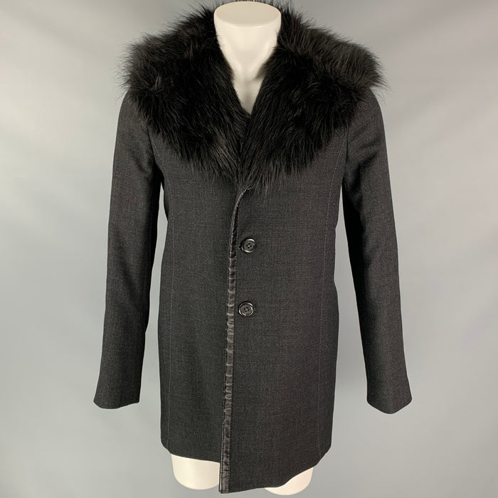 MARC JACOBS Size L Charcoal Wool Faux Fur Lapel Car Coat Coat
