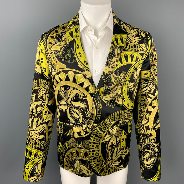 VERSACE JEANS Size 40 Black & Gold Print Polyester Notch Lapel Sport Coat