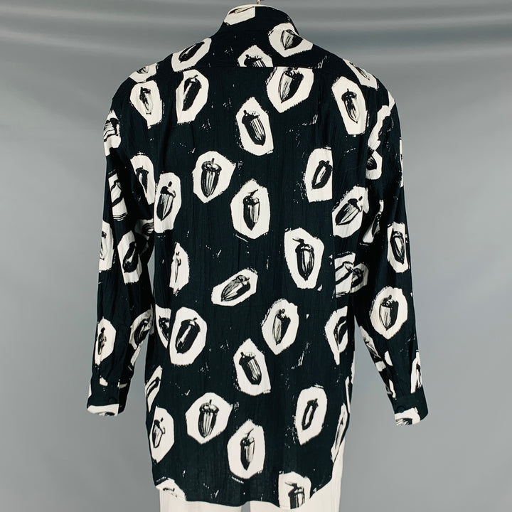 SASQUATCHfabrix Size L Black White Print Cotton Collarless Long Sleeve Shirt