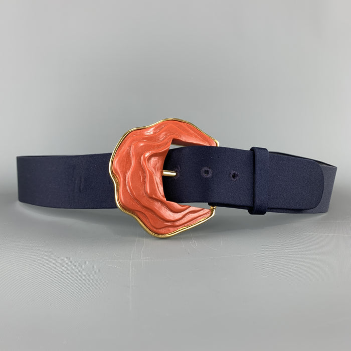 OSCAR DE LA RENTA Size 8 Navy Silk Gold Tone Coral Enamel Buckle Belt
