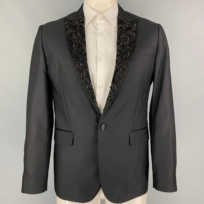DSQUARED2 Size 42 Black Embroidery Wool Blend Peak Lapel Sport Coat