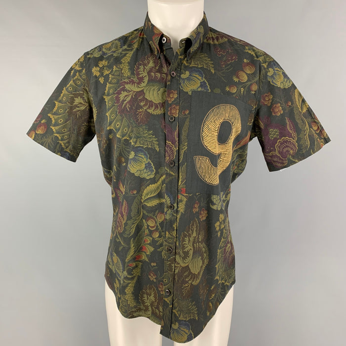 DRIES VAN NOTEN Size M Brown Olive Abstract Floral Cotton Short Sleeve Shirt