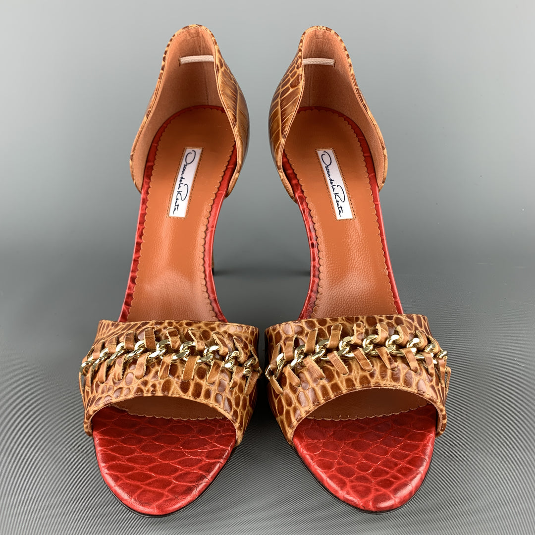 OSCAR DE LA RENTA Size 10 Brown Alligator Embossed Leather Chain Strap D'orsay Pumps
