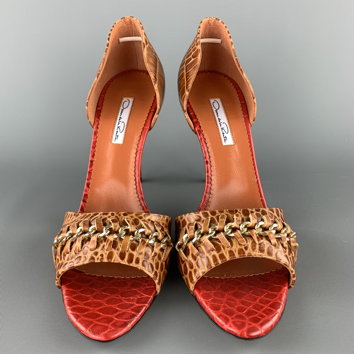 OSCAR DE LA RENTA Size 10 Brown Alligator Embossed Leather Chain Strap D'orsay Pumps