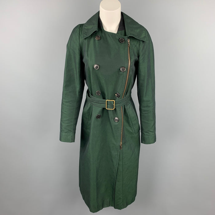 DRIES VAN NOTEN Size 8 Dark Green Cotton Double Breasted Belted Coat