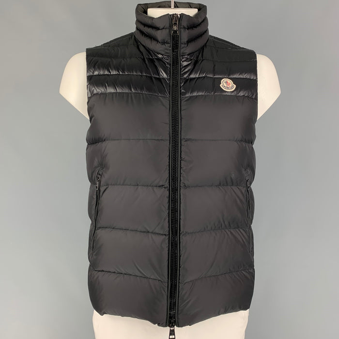 MONCLER Size L Black Quilted Polyester Notch Lapel Vest