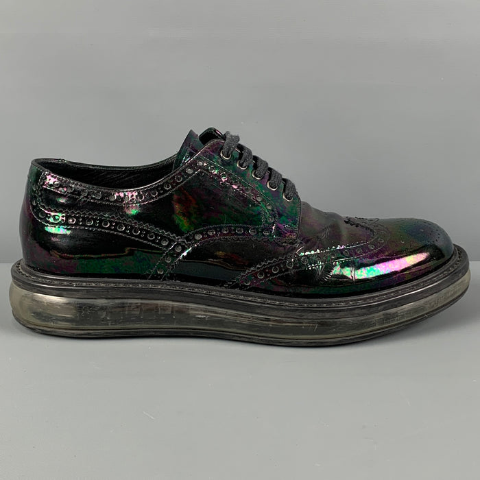 PRADA Size 7.5 Black Iridescent Leather Platform Lace Up Shoes