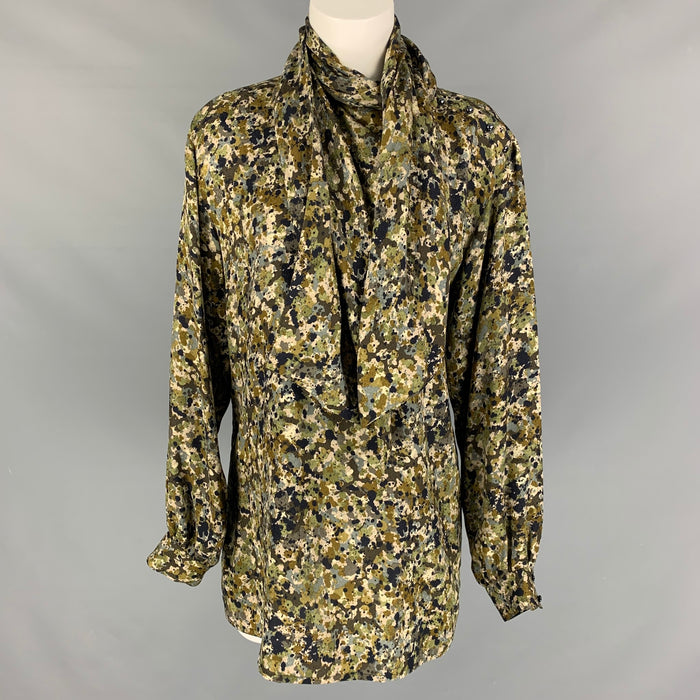 GUCCI Size 4 Olive Green & Brown Silk Print Bow Blouse