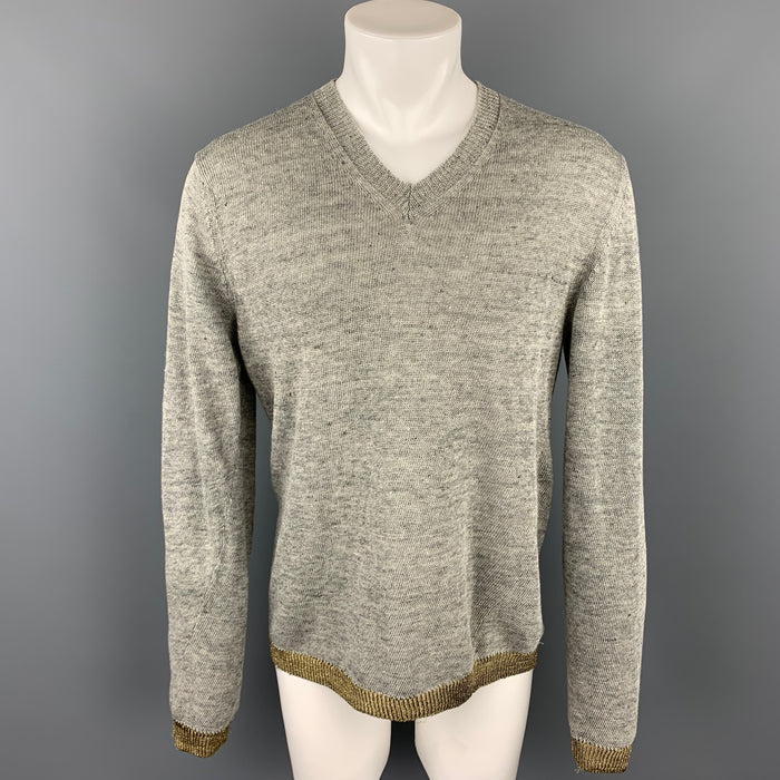 COMME des GARCONS SHIRT Size M Grey & Gold Knitted Linen V-Neck Pullover