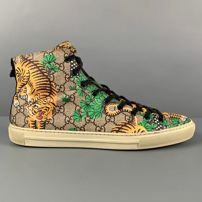 GUCCI Size 9.5 Brown Green Bengal Tiger GG Monogram Coated Canvas High Top Sneakers