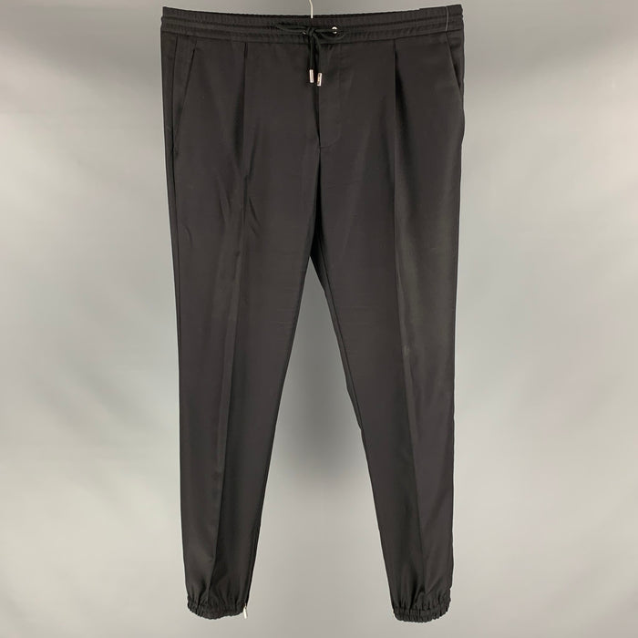 DIOR HOMME Taille 36 Pantalon habillé en laine unie noire avec ceinture élastique