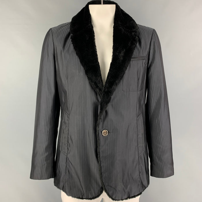 GIORGIO ARMANI Size 42 Black Stripe Nylon Notch Lapel Jacket