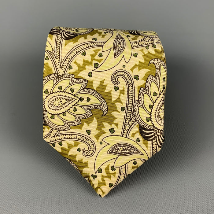 KITON Light Green Olive Paisley Silk Tie