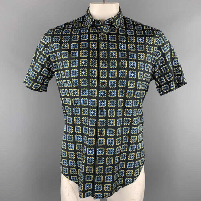 PRADA Size L Black Print Cotton Button Up Short Sleeve Shirt